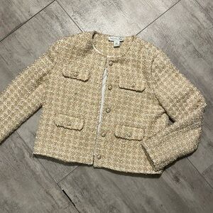 M tweed jacket pearl buttons pockets neutral tan beige brown gold shimmery